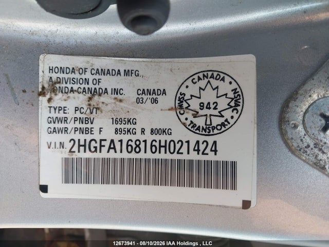 Продаж на аукціоні авто 2006 Honda Civic Ex 4dr, vin: 2HGFA16816H021424, номер лоту: 12673941