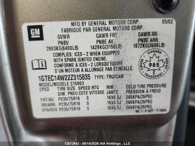 Продажа на аукционе авто 2002 Gmc New Sierra C1500, vin: 1GTEC14W22Z315835, номер лота: 12673943