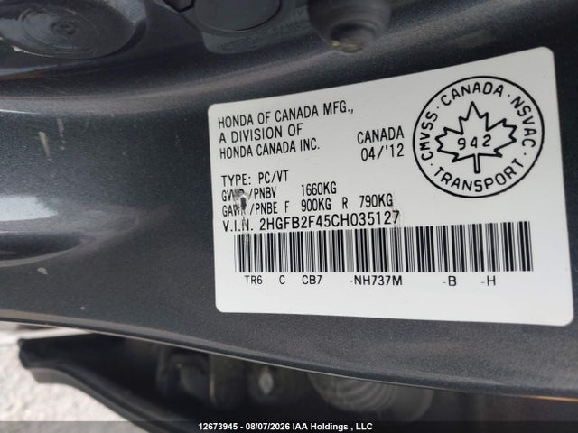 Продажа на аукционе авто 2012 Honda Civic Lx, vin: 2HGFB2F45CH035127, номер лота: 12673945