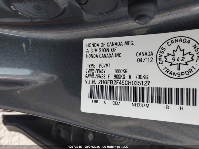 Продажа на аукционе авто 2012 Honda Civic Lx, vin: 2HGFB2F45CH035127, номер лота: 12673945