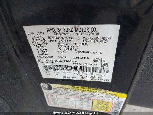 Продажа на аукционе авто 2014 Ford F150 Supercrew, vin: 1FTFW1ET0EFA87470, номер лота: 12673950