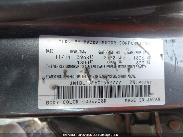 Aukcja sprzedaży 2012 Mazda 3 I, vin: JM1BL1UF6C1562777, numer aukcji: 12673964