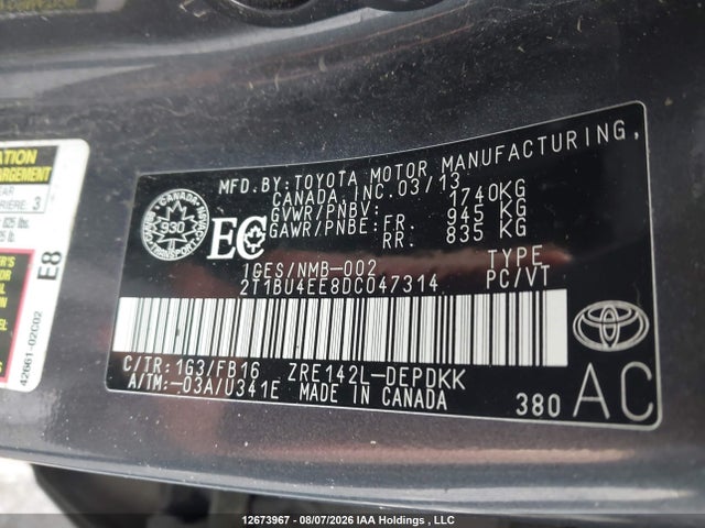 12673967 :رقم المزاد ، 2T1BU4EE8DC047314 vin ، 2013 Toyota Corolla Ce مزاد بيع