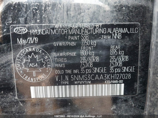 2019 Hyundai Santa Fe Sel/sel Plus მანქანა იყიდება აუქციონზე, vin: 5NMS3CAA3KH127028, აუქციონის ნომერი: 12673983