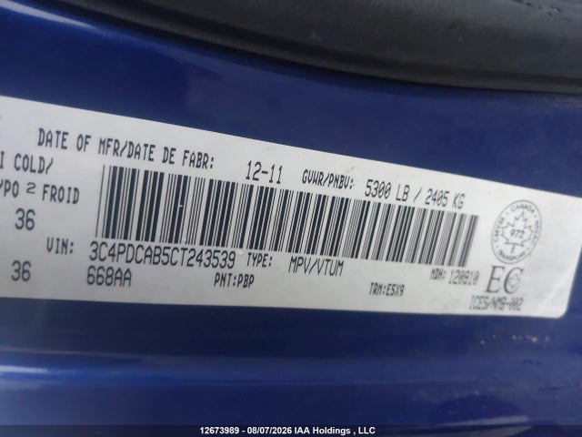 12673989 :رقم المزاد ، 3C4PDCAB5CT243539 vin ، 2012 Dodge Journey Se Plus مزاد بيع