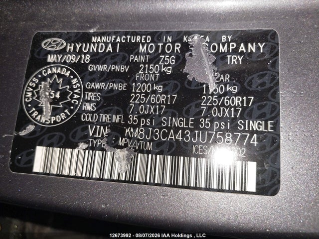 KM8J3CA43JU758774 Hyundai Tucson Limited/sport And Eco/se