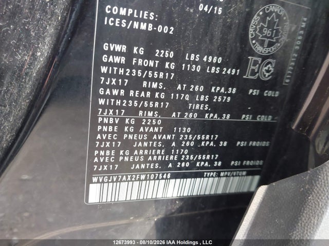 Продаж на аукціоні авто 2015 Volkswagen Tiguan Comfortline/highline/special Edition/trendline, vin: WVGJV7AX2FW107546, номер лоту: 12673993