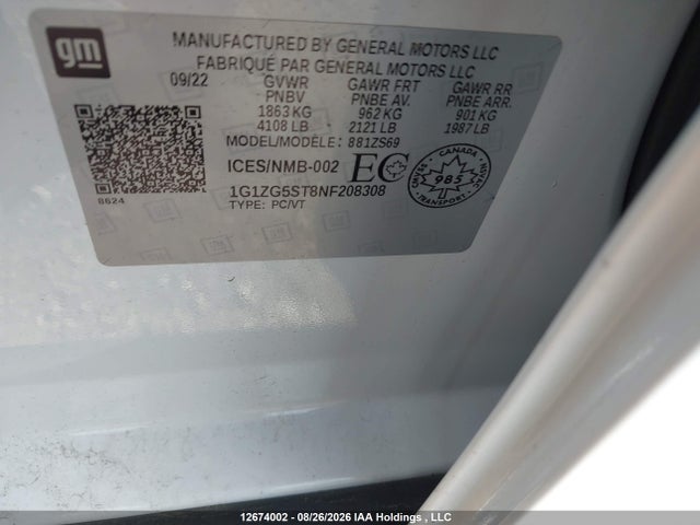 2022 Chevrolet Malibu Rs მანქანა იყიდება აუქციონზე, vin: 1G1ZG5ST8NF208308, აუქციონის ნომერი: 12674002