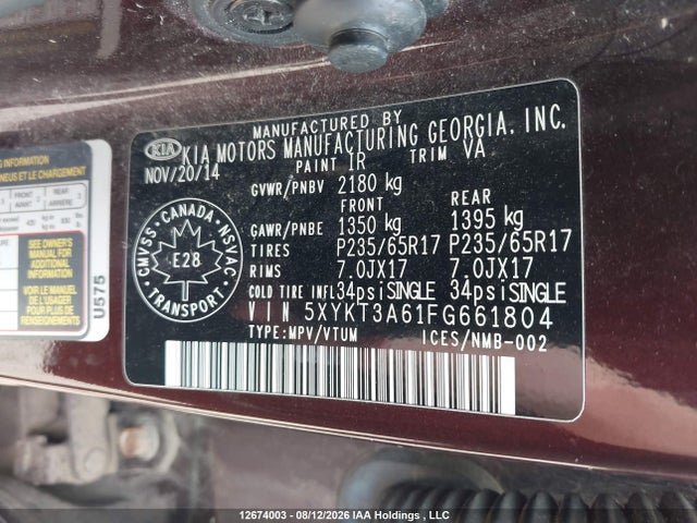 12674003 :رقم المزاد ، 5XYKT3A61FG661804 vin ، 2015 Kia Sorento Lx مزاد بيع