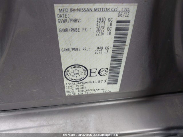 12674007 :رقم المزاد ، 1N4AL3AP6DN401673 vin ، 2013 Nissan Altima مزاد بيع