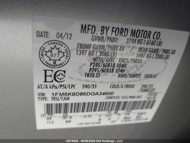 Aukcja sprzedaży 2013 Ford Explorer Xlt, vin: 1FM5K8D86DGA34600, numer aukcji: 12674020