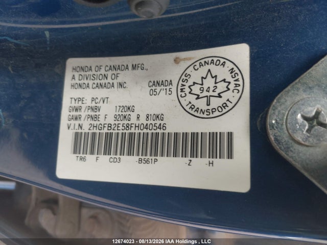 Auction sale of the 2015 Honda Civic Ex 4dr, vin: 2HGFB2E58FH040546, lot number: 12674023