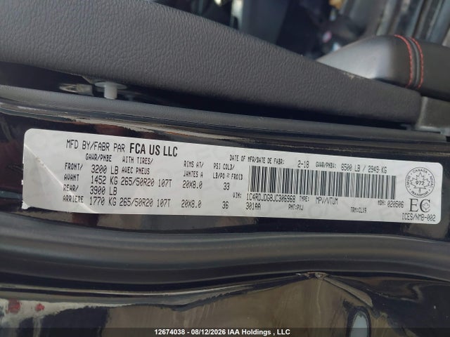 Продажа на аукционе авто 2018 Dodge Durango Gt, vin: 1C4RDJDG8JC306968, номер лота: 12674038
