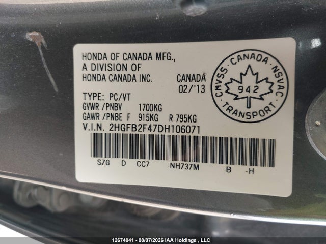 Aukcja sprzedaży 2013 Honda Civic Lx, vin: 2HGFB2F47DH106071, numer aukcji: 12674041