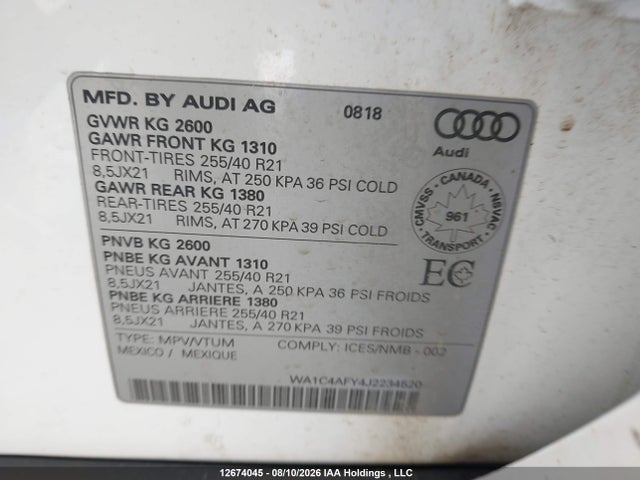 Продаж на аукціоні авто 2018 Audi Sq5 Prestige, vin: WA1C4AFY4J2234520, номер лоту: 12674045