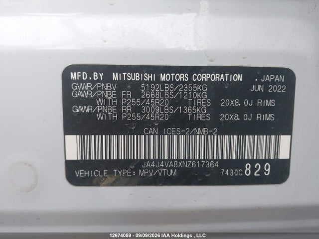JA4J4VA8XNZ617364 Mitsubishi Outlander Sel/sel Special Edition