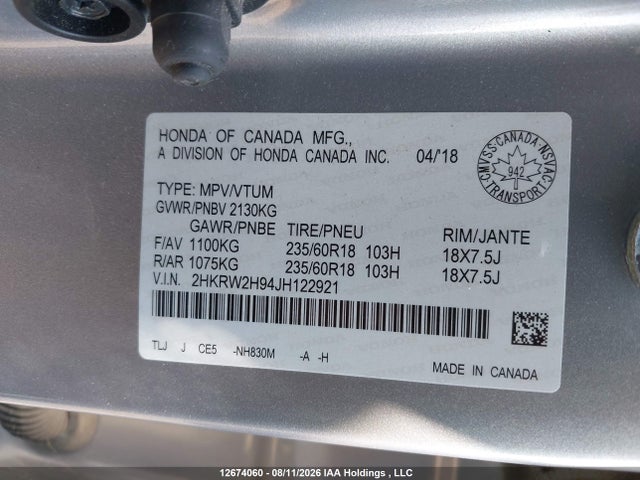 Honda Cr-v Touring 2018 2HKRW2H94JH122921 Image 9
