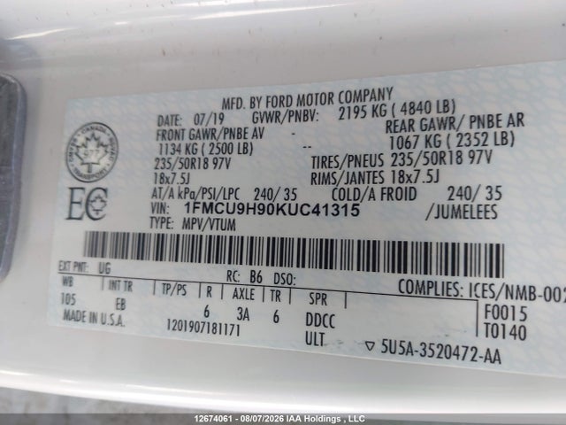 Ford ESCAPE SEL 2019 1FMCU9H90KUC41315 Image 9