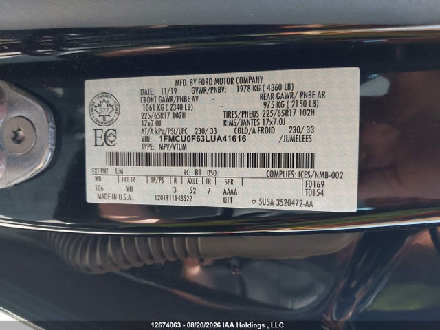Ford ESCAPE S 2020 1FMCU0F63LUA41616 Image 9