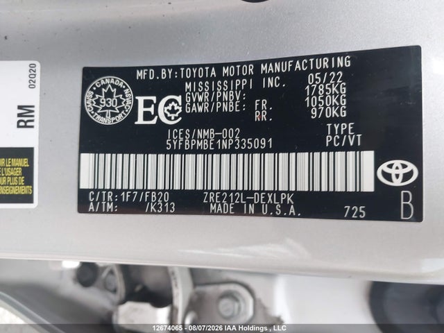 5YFBPMBE1NP335091 Toyota COROLLA LE