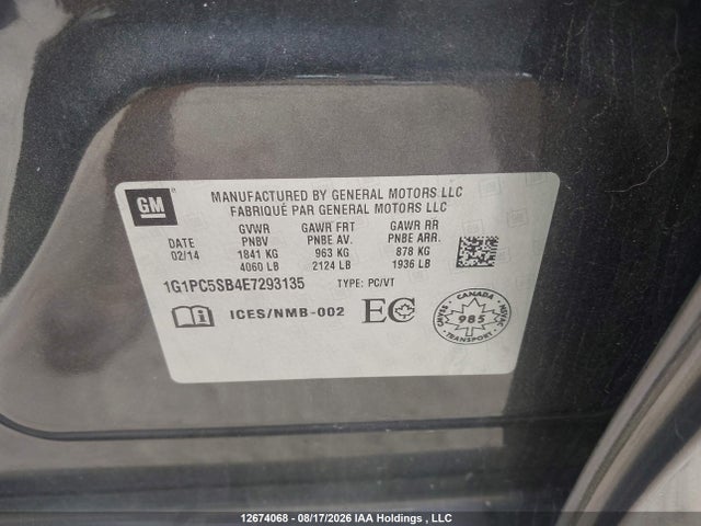 2014 Chevrolet Cruze მანქანა იყიდება აუქციონზე, vin: 1G1PC5SB4E7293135, აუქციონის ნომერი: 12674068