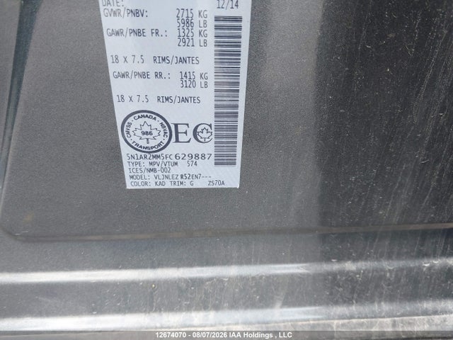 12674070 :رقم المزاد ، 5N1AR2MM5FC629887 vin ، 2015 Nissan Pathfinder S/sv/sl/platinum مزاد بيع
