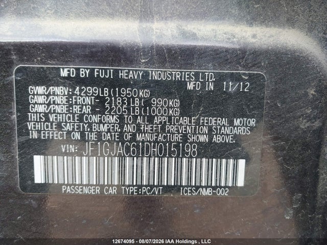 12674095 :رقم المزاد ، JF1GJAC61DH015198 vin ، 2013 Subaru Impreza 2.0i Touring Package مزاد بيع