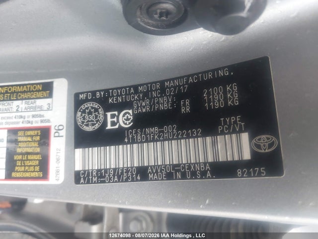 4T1BD1FK2HU222132 Toyota Camry Hybrid Le
