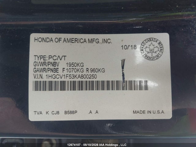 Продажа на аукционе авто 2019 Honda Accord, vin: 1HGCV1F53KA800250, номер лота: 12674107