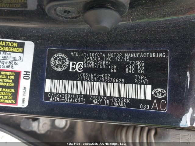 Продажа на аукционе авто 2016 Toyota Corolla S, vin: 2T1BURHE7GC578629, номер лота: 12674108