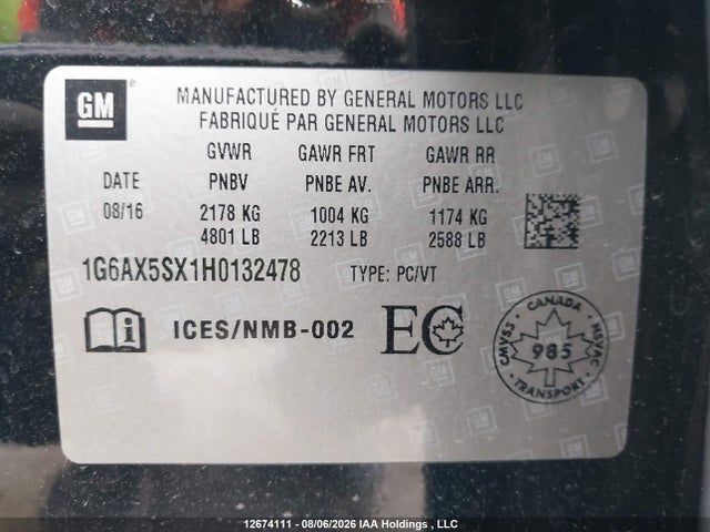 12674111 :رقم المزاد ، 1G6AX5SX1H0132478 vin ، 2017 Cadillac Cts Turbo Luxury مزاد بيع