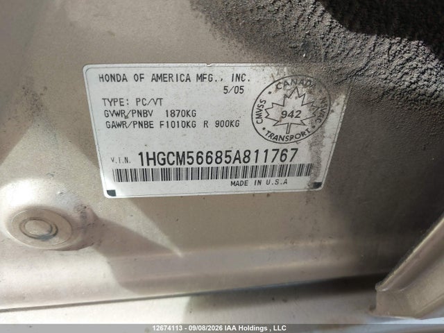 2005 Honda Accord Ex-l მანქანა იყიდება აუქციონზე, vin: 1HGCM56685A811767, აუქციონის ნომერი: 12674113