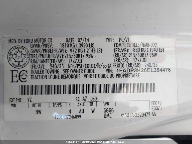 1FADP3K26EL364478 Ford FOCUS SE