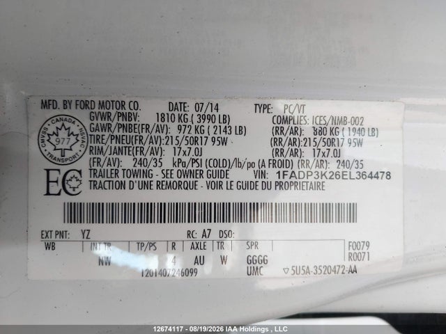 1FADP3K26EL364478 Ford FOCUS SE