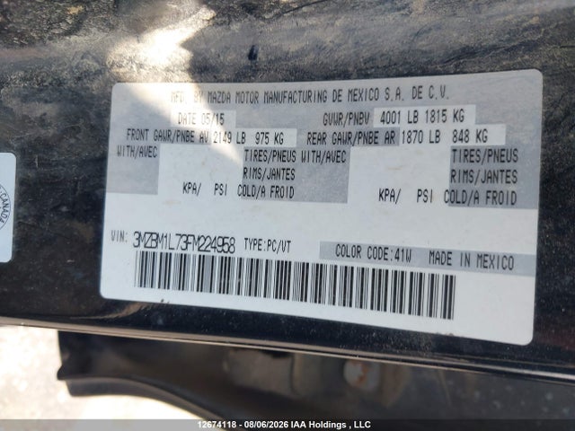 Aukcja sprzedaży 2015 Mazda Mazda3 Gs, vin: 3MZBM1L73FM224958, numer aukcji: 12674118
