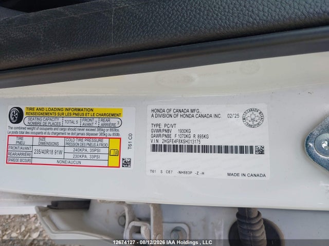 12674127 :رقم المزاد ، 2HGFE4F8XSH013175 vin ، 2025 Honda Civic Hybrid Sport/sport Touring مزاد بيع
