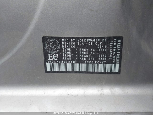 3VWG57AU4KM015480 Volkswagen Golf 1.4 Tsi Comfortline/1.4 Tsi Execline/1.4 Tsi Highline