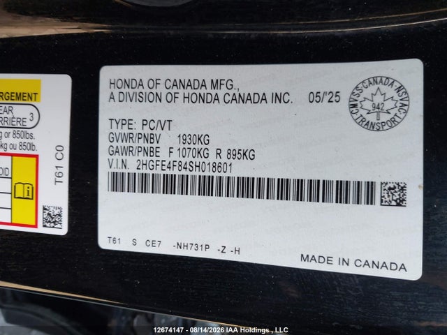 2HGFE4F84SH018601 Honda Civic Sport Hybrid/sport Touring Hybrid