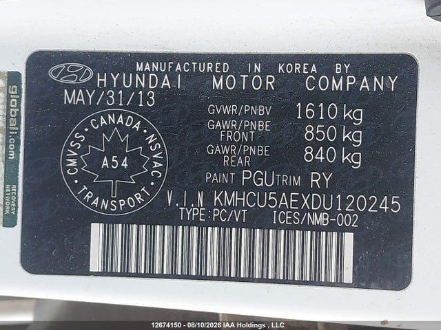 12674150 :رقم المزاد ، KMHCU5AEXDU120245 vin ، 2013 Hyundai Accent Gls/se مزاد بيع