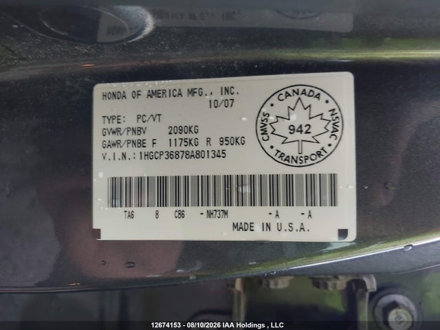 Aukcja sprzedaży 2008 Honda Accord Ex-l V6, vin: 1HGCP36878A801345, numer aukcji: 12674153