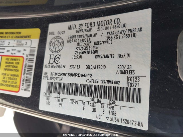 Aukcja sprzedaży 2022 Ford Bronco Sport Outer Banks, vin: 3FMCR9C60NRD64512, numer aukcji: 12670430