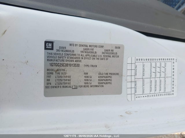 12671175 :رقم المزاد ، 1GTGG29C081913530 vin ، 2008 Gmc Savana Cargo Van Work Van مزاد بيع
