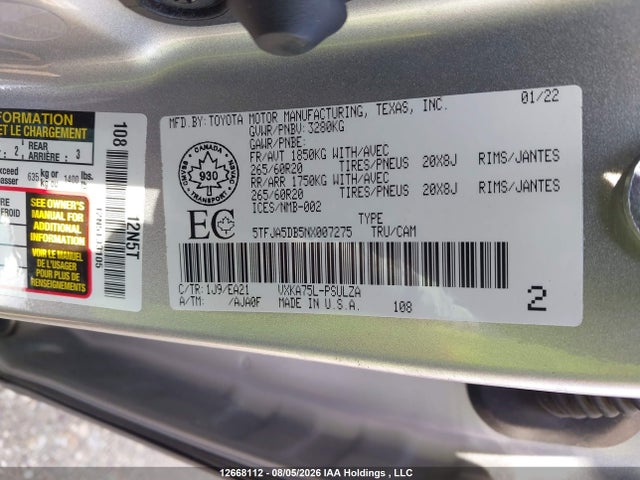 5TFJA5DB5NX007275 Toyota Tundra Limited