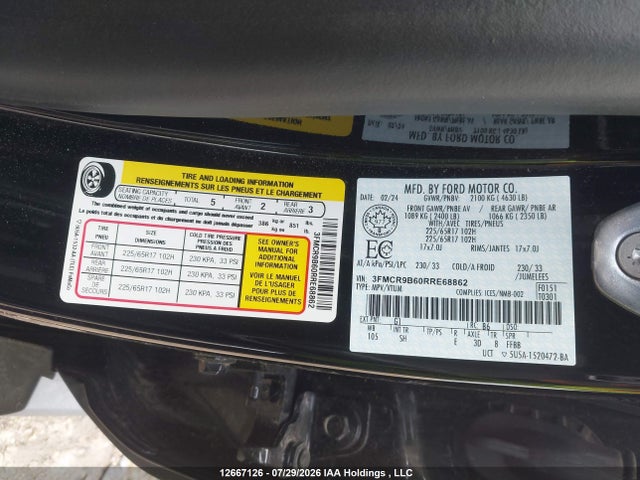 12667126 :رقم المزاد ، 3FMCR9B60RRE68862 vin ، 2024 Ford Bronco Sport Big Bend مزاد بيع