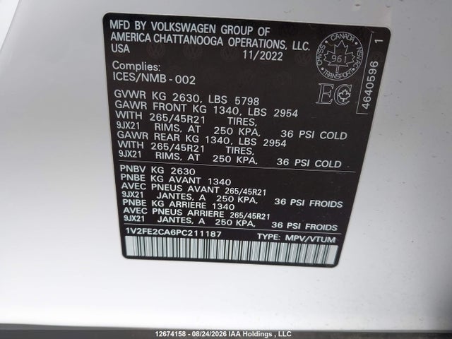 1V2FE2CA6PC211187 Volkswagen Atlas Cross Sport 3.6 Fsi Execline