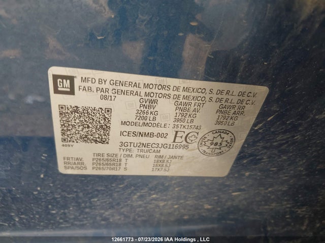 Aukcja sprzedaży 2018 Gmc Sierra 1500 Slt, vin: 3GTU2NEC3JG116995, numer aukcji: 12661773