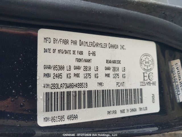 2006 Dodge Charger Srt8 მანქანა იყიდება აუქციონზე, vin: 2B3LA73W06H499519, აუქციონის ნომერი: 12656546