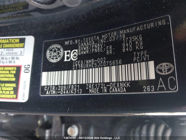 2T1BURHE5JC075656 Toyota COROLLA LE