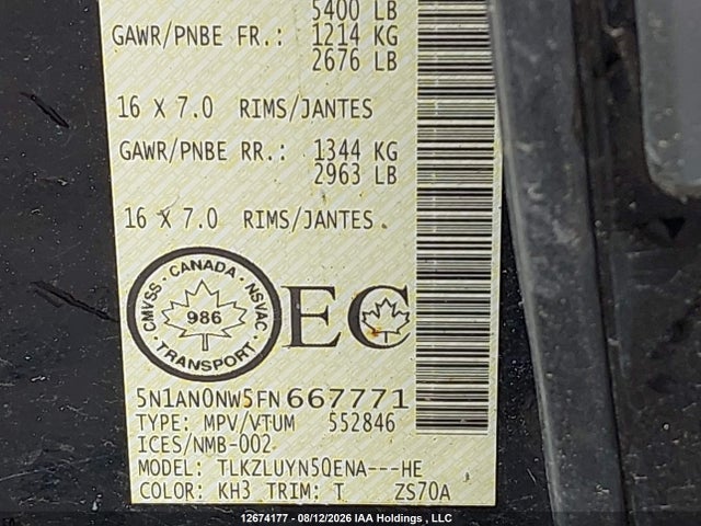 Aukcja sprzedaży 2015 Nissan Xterra X/s/pro-4x, vin: 5N1AN0NW5FN667771, numer aukcji: 12674177