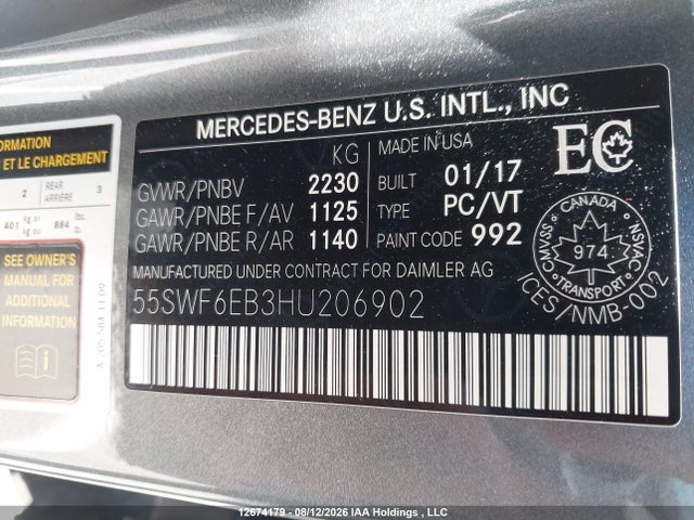 Продажа на аукционе авто 2017 Mercedes-benz C 43 4mati Amg, vin: 55SWF6EB3HU206902, номер лота: 12674179